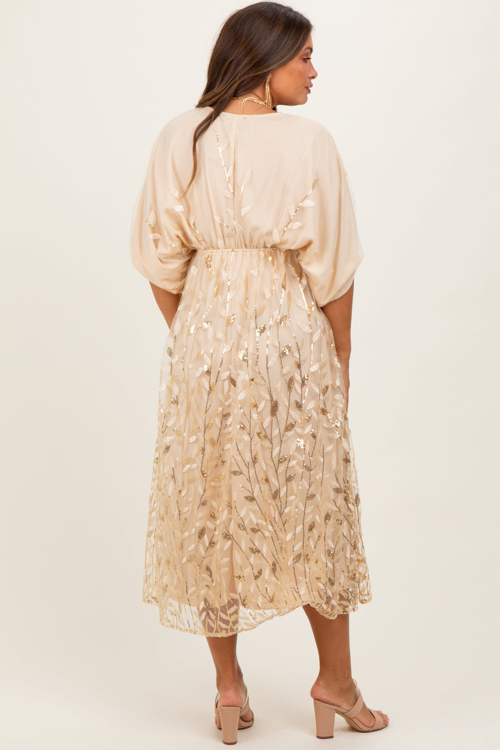 Light Gold Embroidered Tulle Dolman V-Neck Maternity Midi Dress