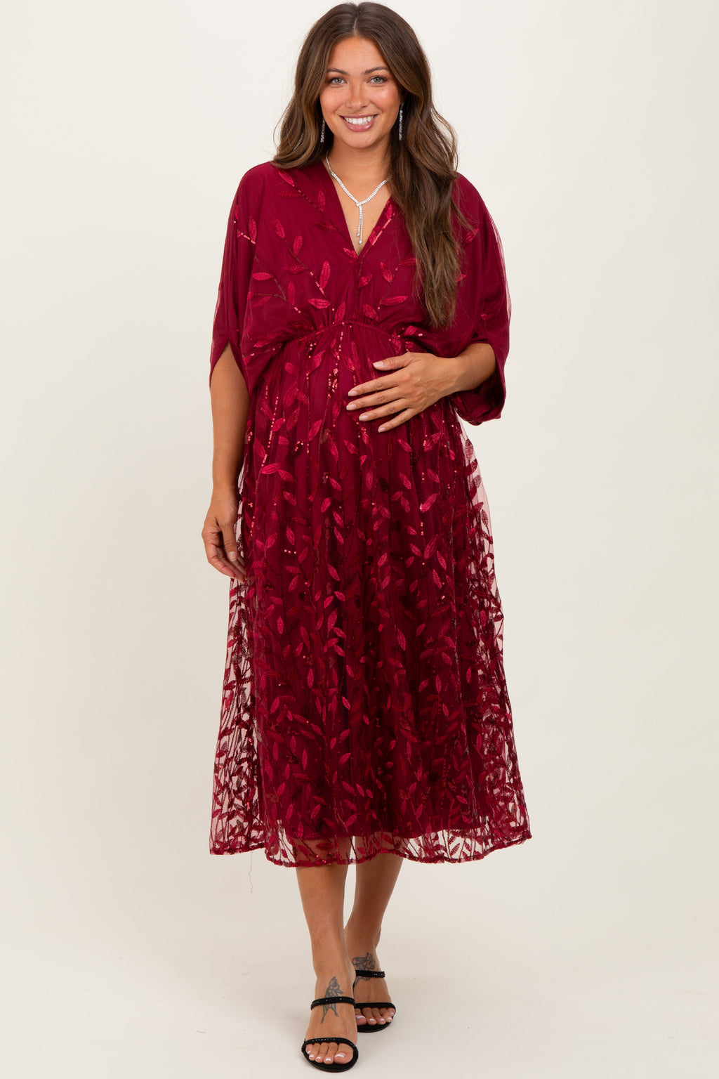 Burgundy Embroidered Tulle Dolman V-Neck Maternity Midi Dress