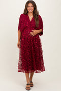 Burgundy Embroidered Tulle Dolman V-Neck Maternity Midi Dress