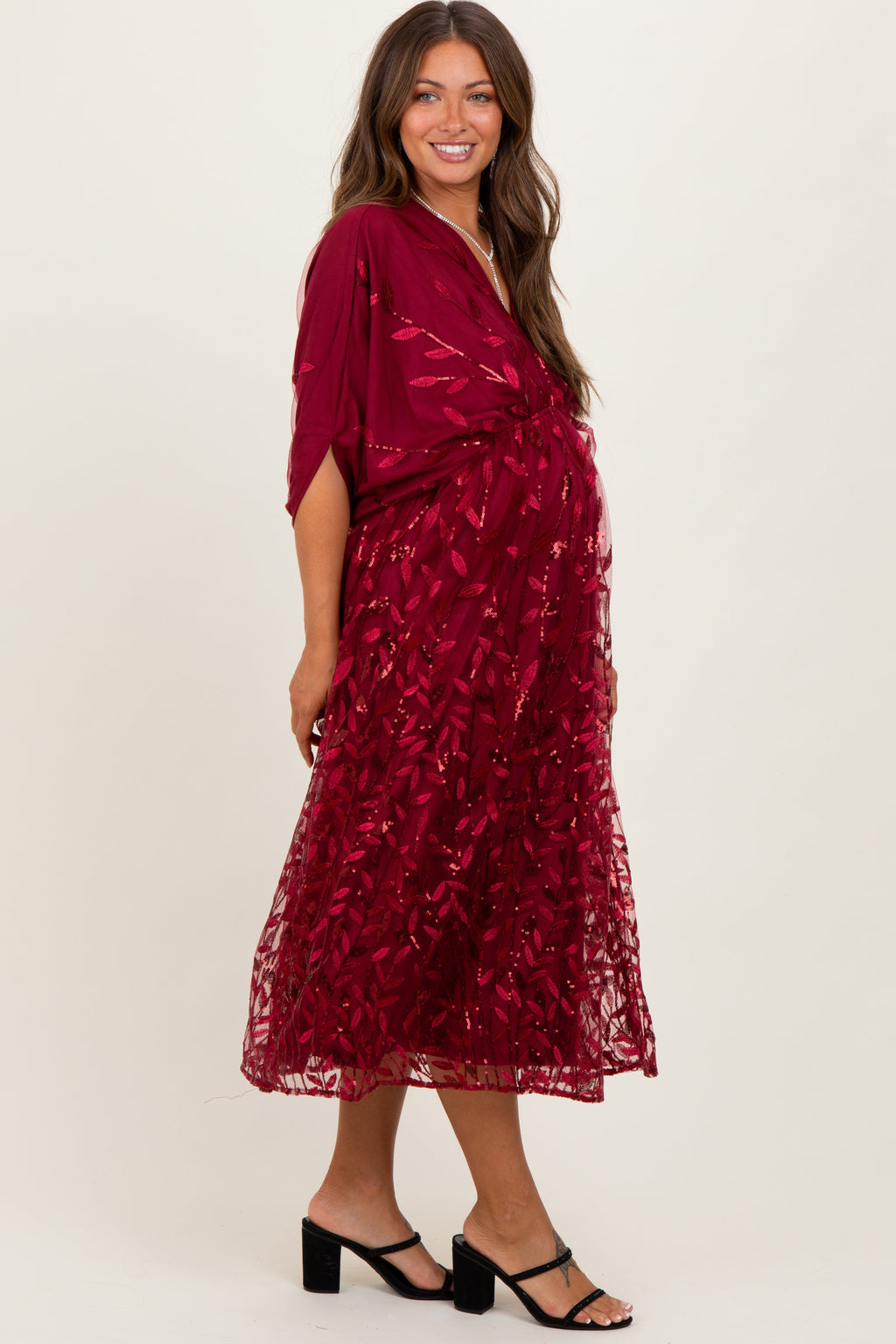 Burgundy Embroidered Tulle Dolman V-Neck Maternity Midi Dress