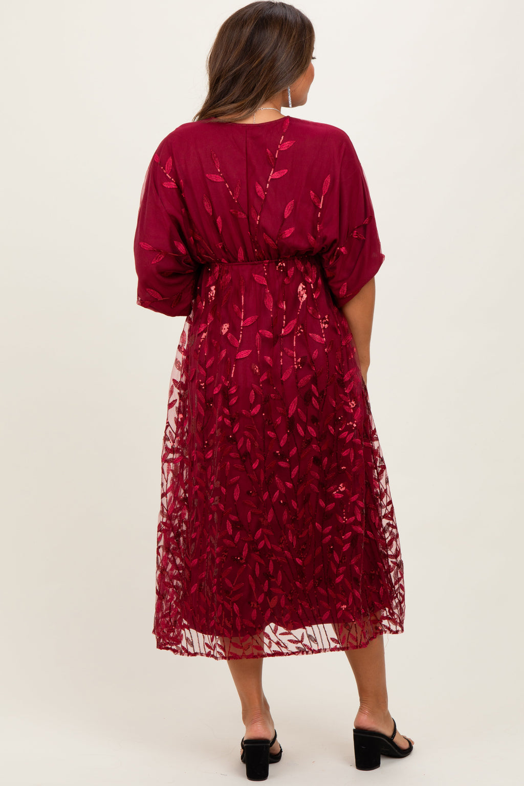 Burgundy Embroidered Tulle Dolman V-Neck Maternity Midi Dress