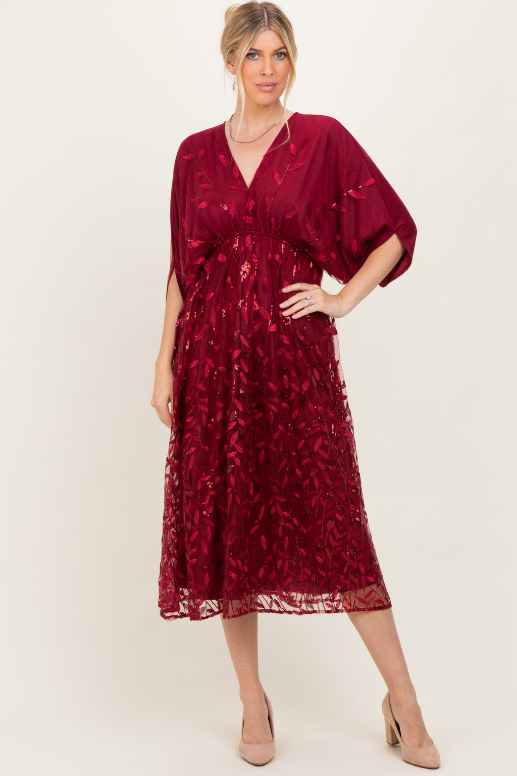 Burgundy Embroidered Tulle Dolman V-Neck Maternity Midi Dress