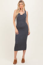 Navy Stripe Ribbed Sleeveless V Neck Maternity Maxi Dress