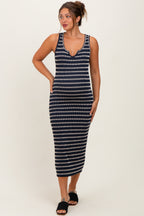 Navy Stripe Ribbed Sleeveless V Neck Maternity Maxi Dress