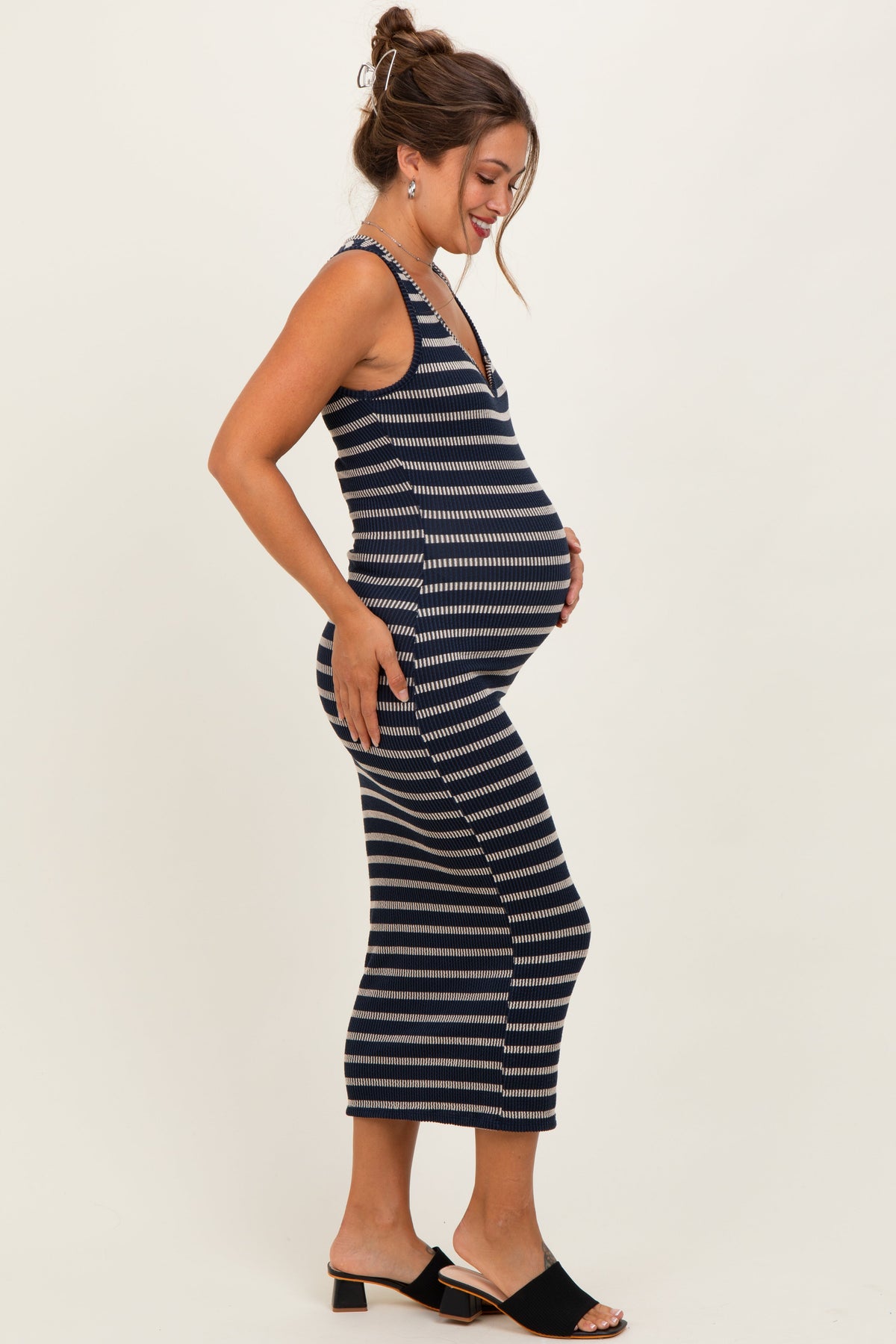Navy Stripe Ribbed Sleeveless V Neck Maternity Maxi Dress