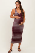 Burgundy Stripe Ribbed Sleeveless V Neck Maternity Maxi Dress