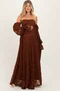 Brown Lace Smocked Long Sleeve Off Shoulder Maternity Maxi Dress