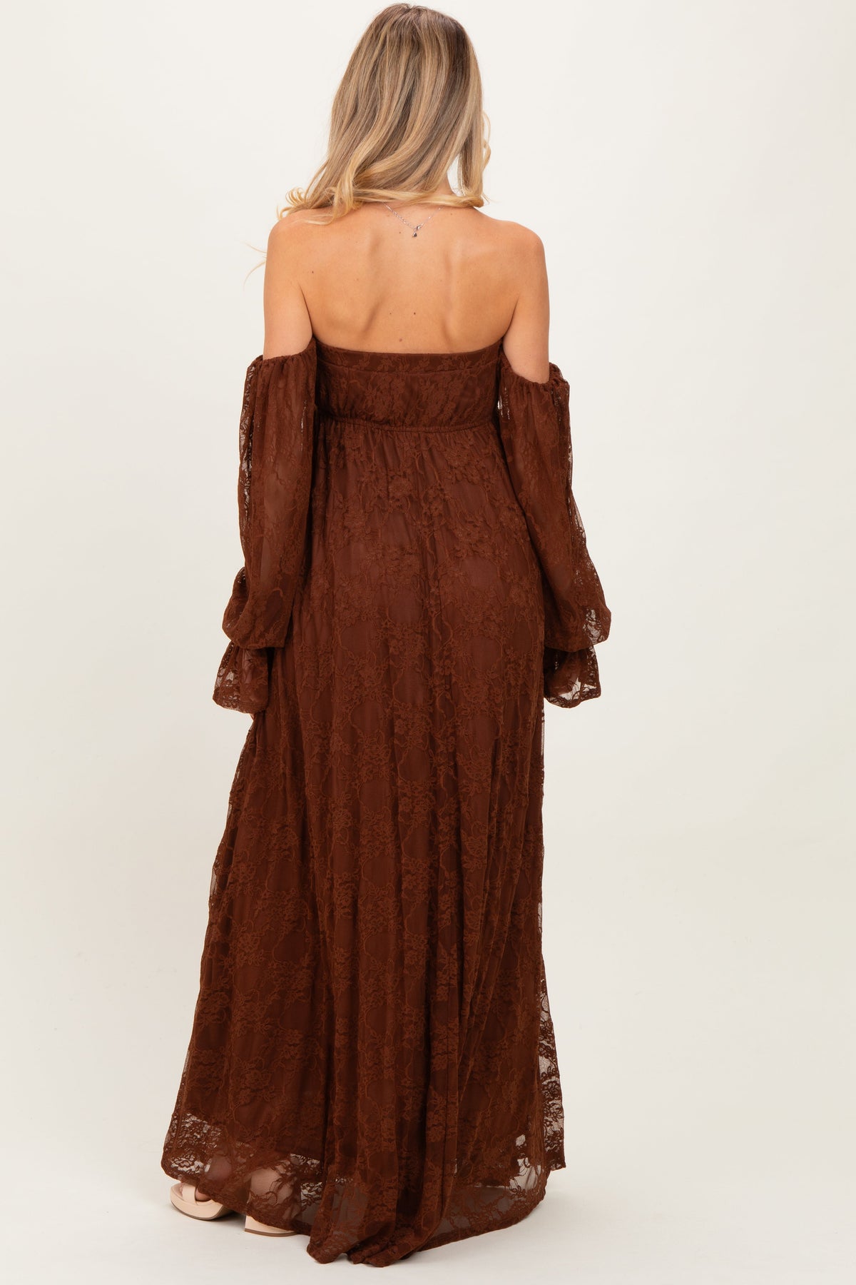 Brown Lace Smocked Long Sleeve Off Shoulder Maternity Maxi Dress