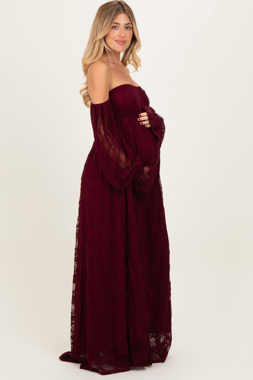 Burgundy Lace Smocked Long Sleeve Off Shoulder Maternity Maxi Dress