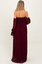 Burgundy Lace Smocked Long Sleeve Off Shoulder Maternity Maxi Dress