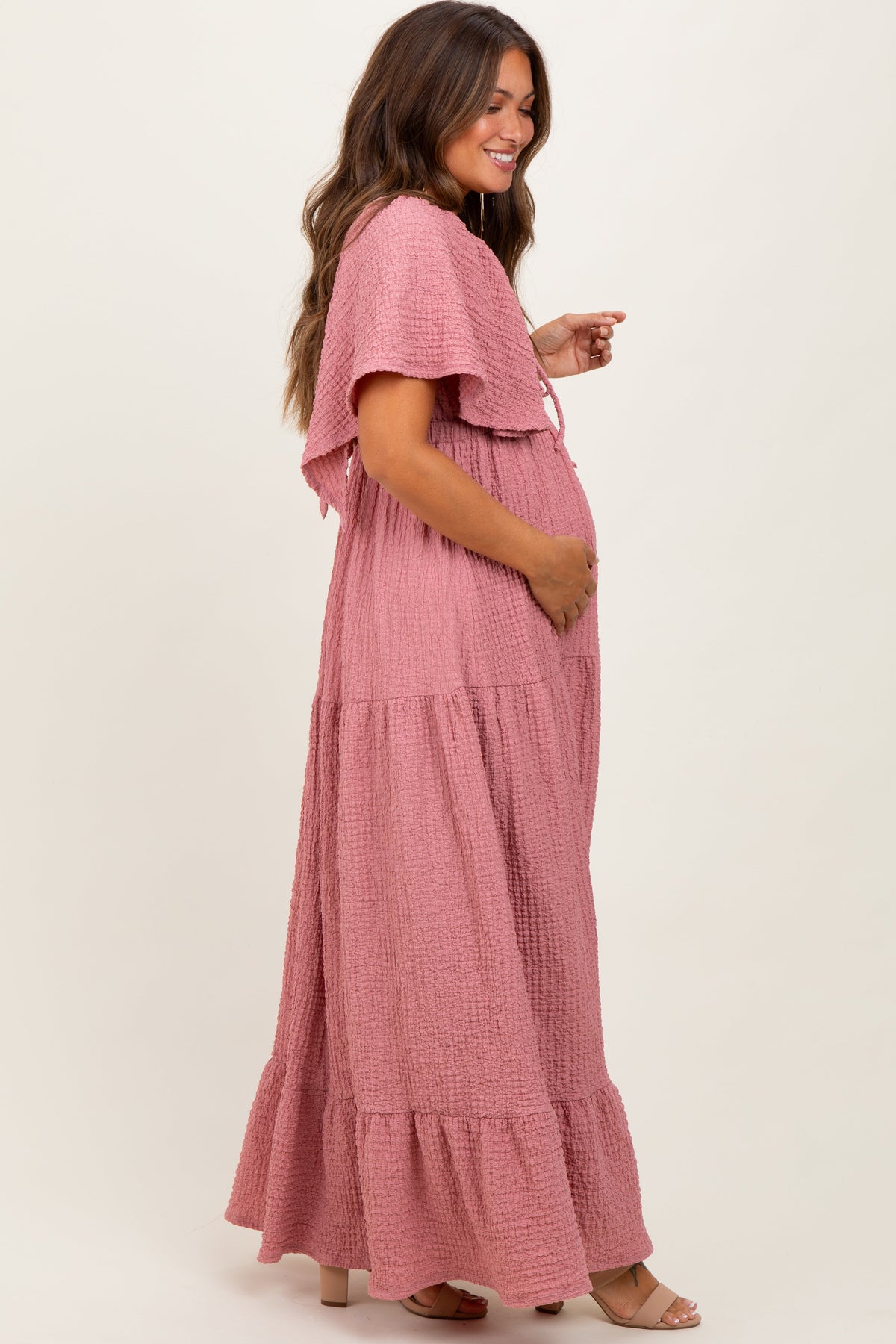 Mauve Woven Textured Flutter Sleeve V-Neck Tiered Maternity Maxi Dress