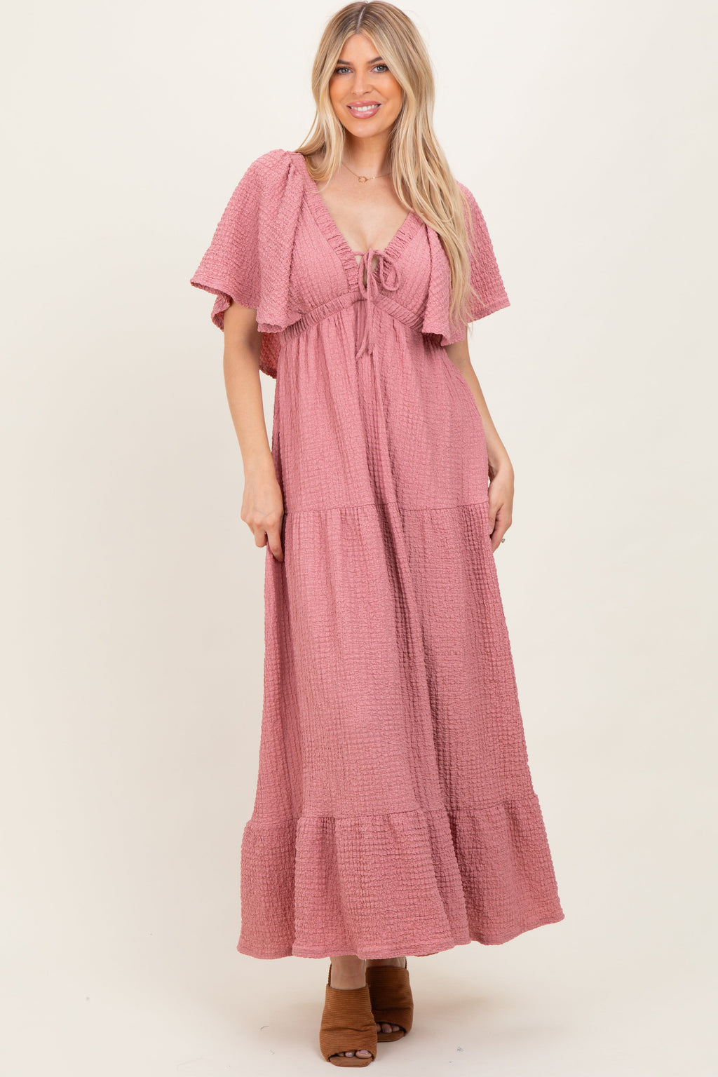 Mauve Woven Textured Flutter Sleeve V-Neck Tiered Maternity Maxi Dress
