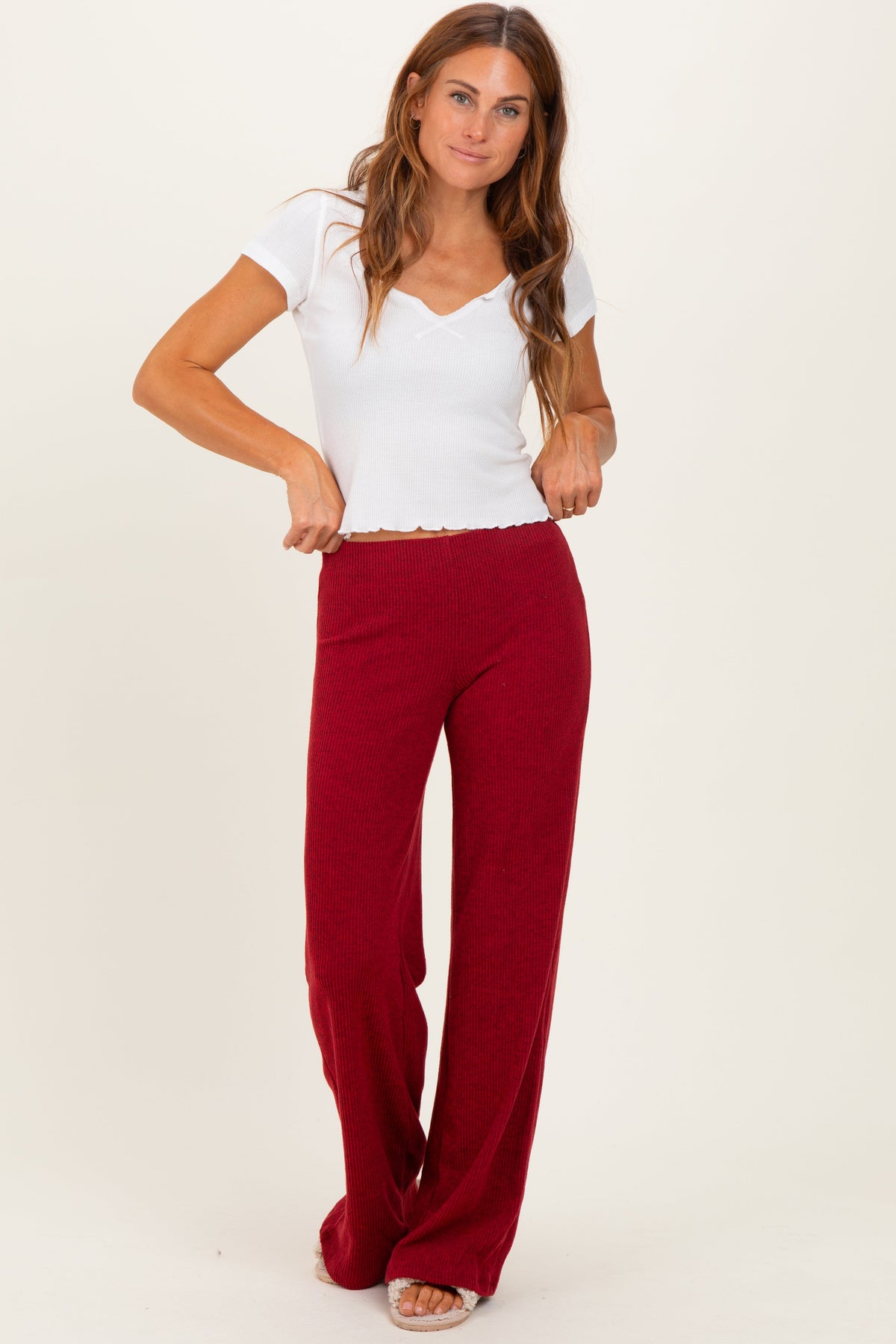 Red Brushed Knit Flare Leg Maternity Pants