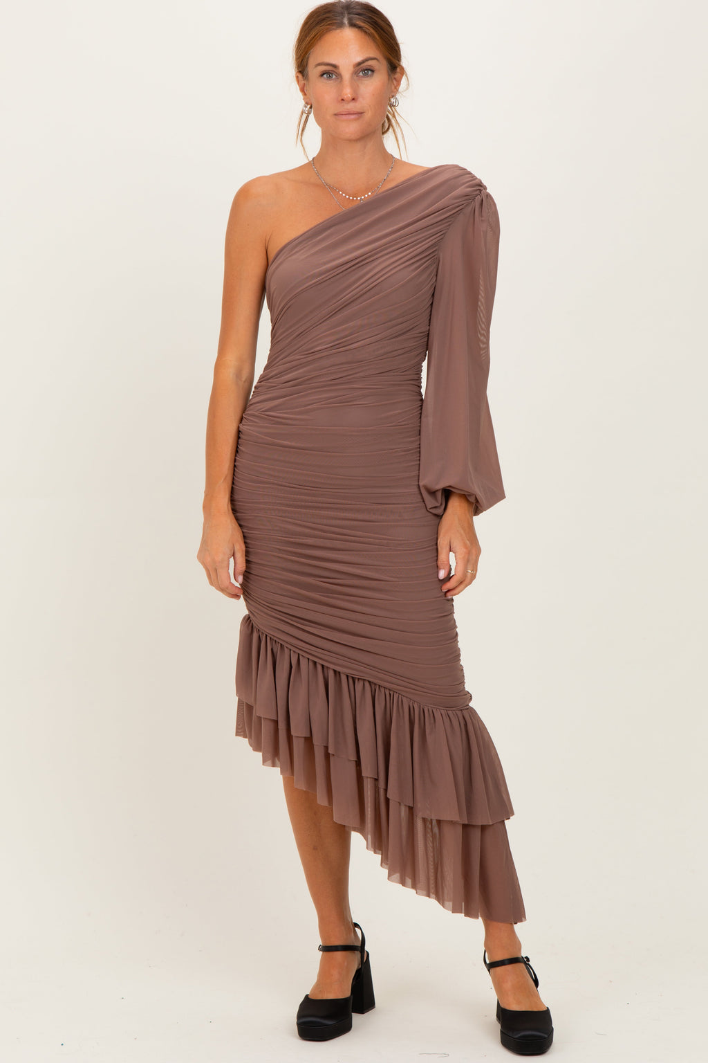 Mocha Mesh Ruched One Shoulder Asymmetric Maternity Dress