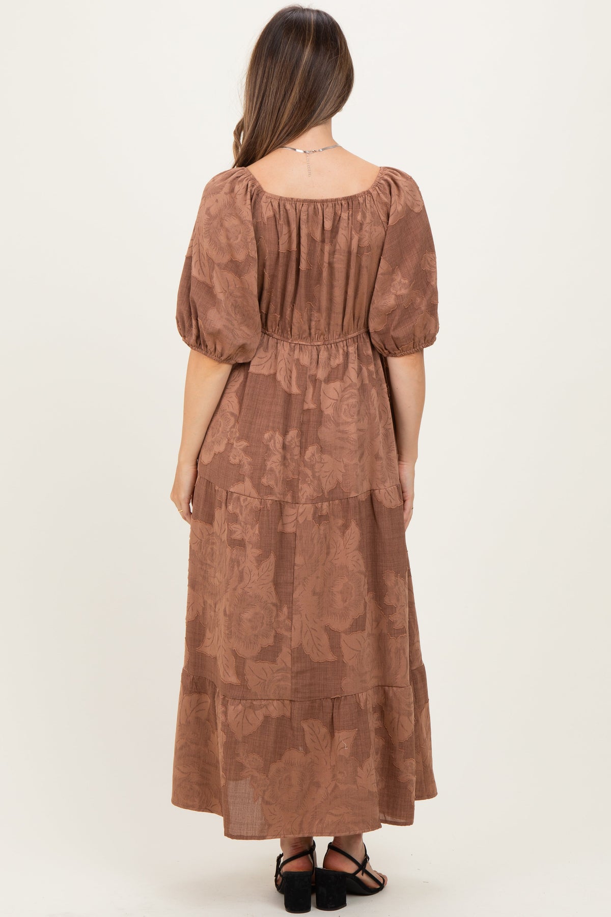 Brown Floral Textured Tiered Midi Maternity Dress
