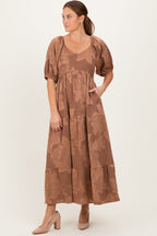 Brown Floral Textured Tiered Midi Maternity Dress