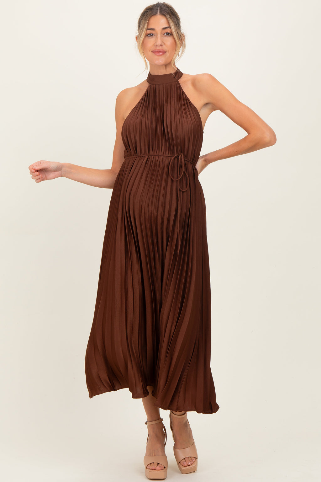 Brown Pleated Maternity Halter Dress