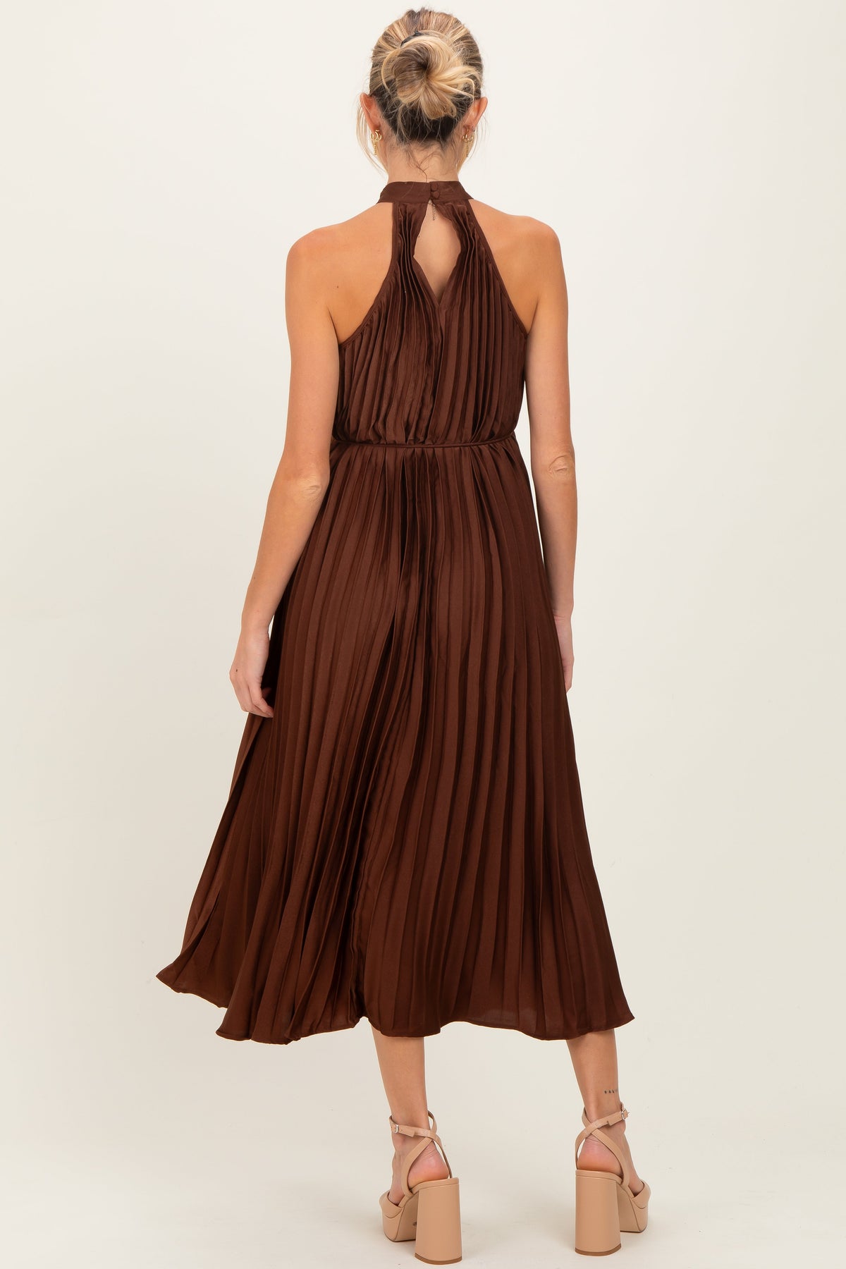 Brown Pleated Maternity Halter Dress