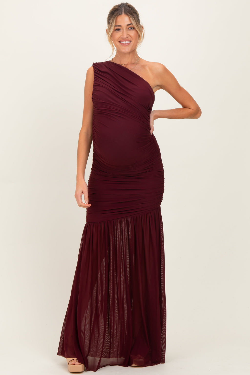 Dark Burgundy Ruched Mesh One Shoulder Maternity Maxi Dress