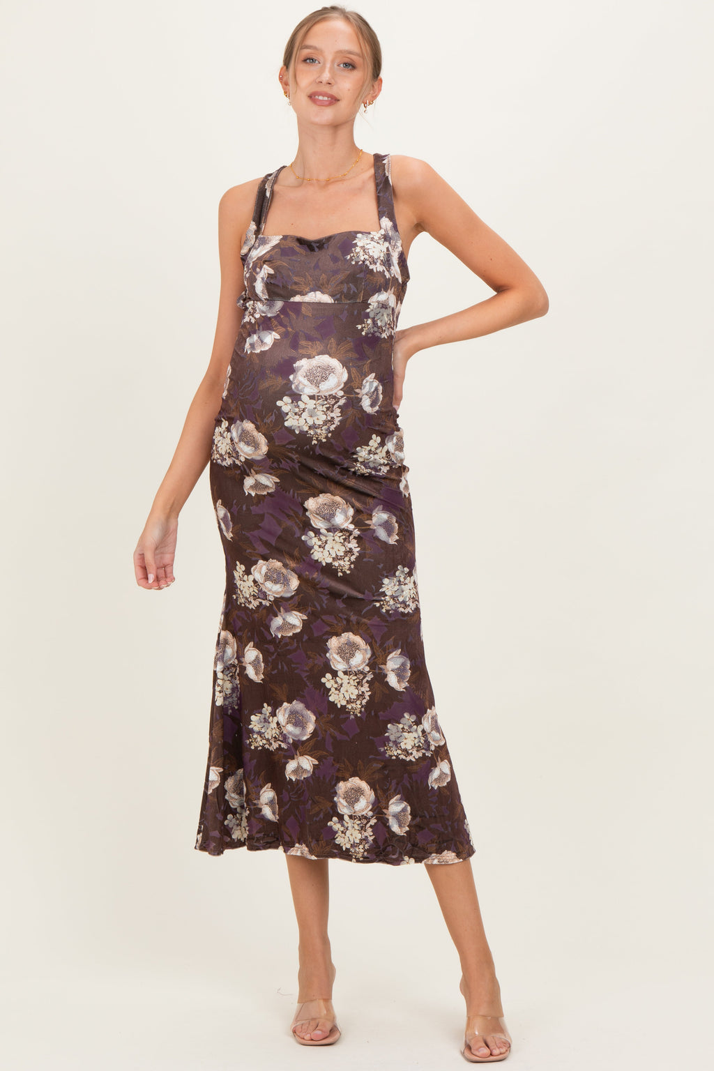 Chocolate Lace Up Back Maternity Midi Dress