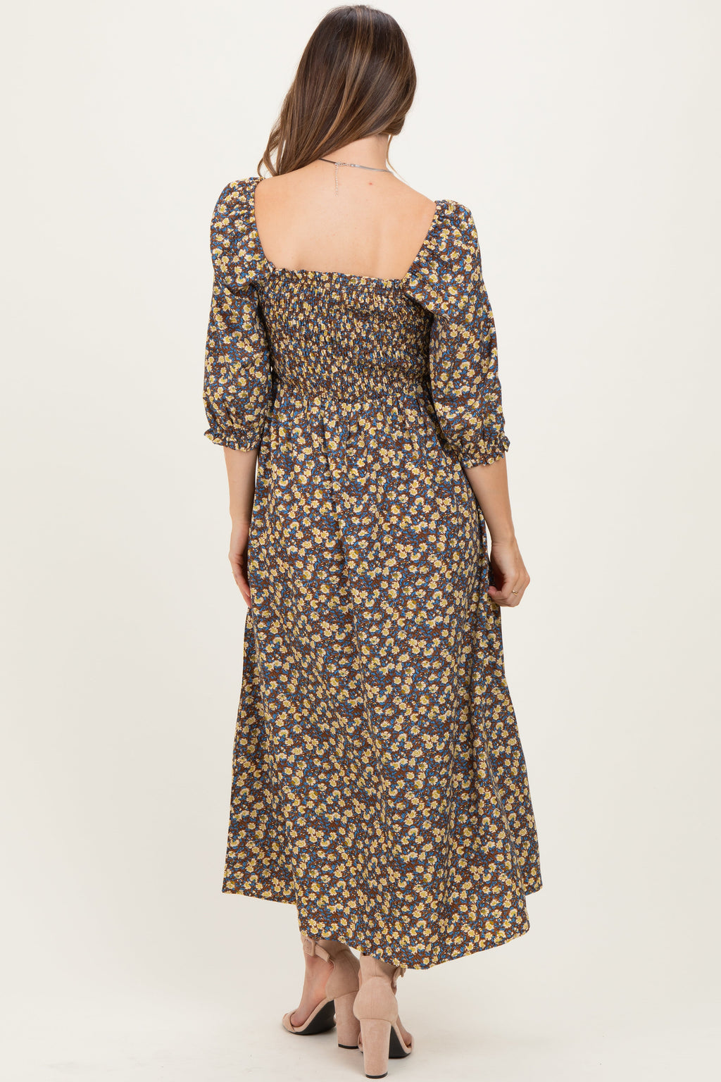 Chestnut Floral Print Smocked Bodice Maternity Maxi Dress