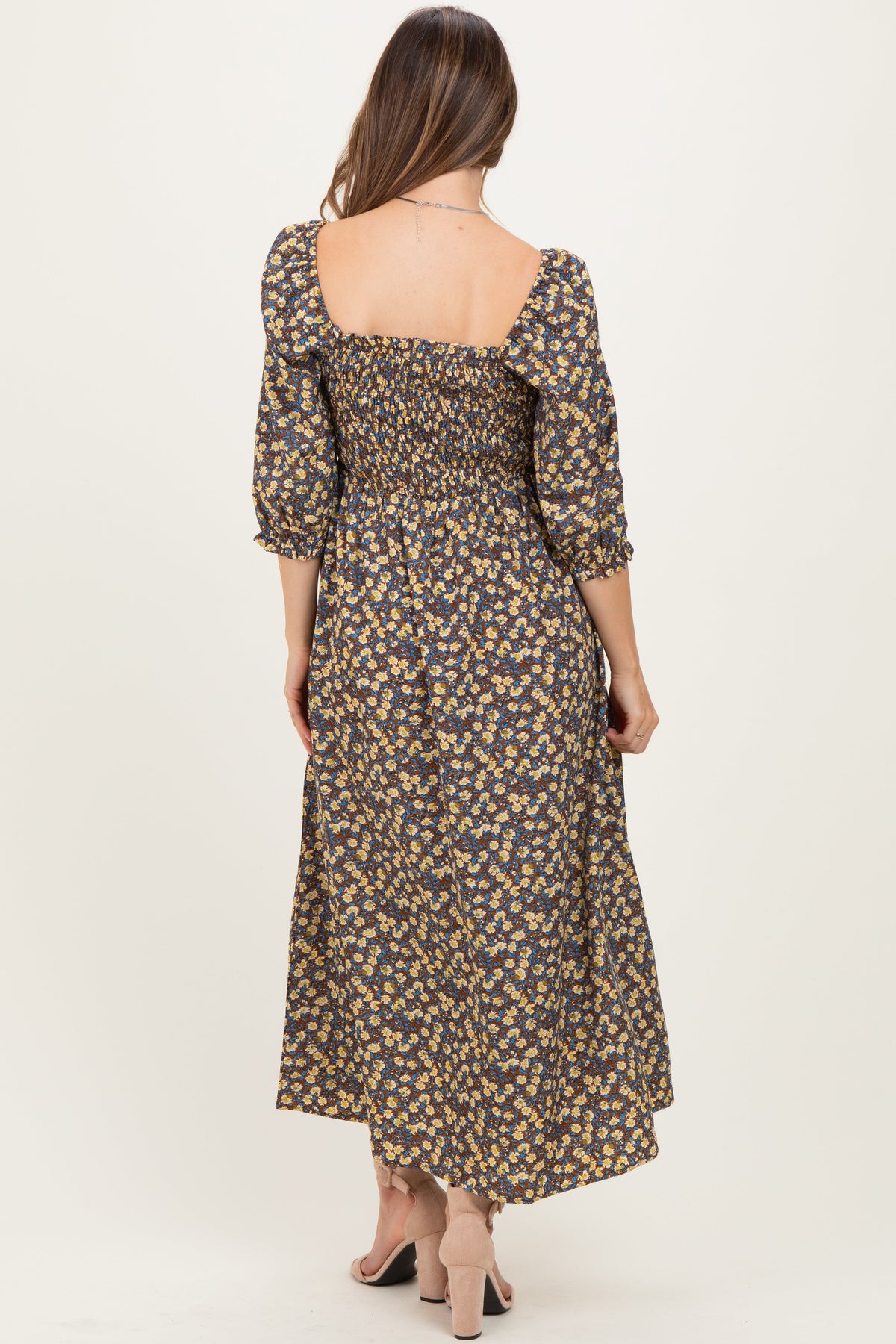 Chestnut Floral Print Smocked Bodice Maternity Maxi Dress