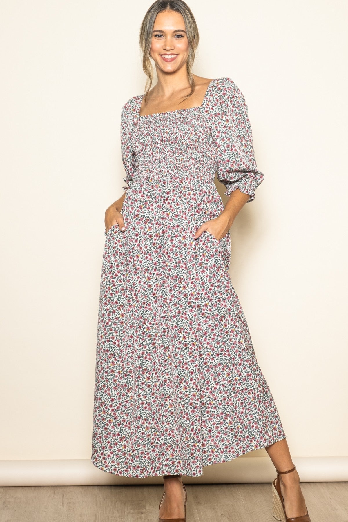 Cream Floral Print Smocked Bodice Maternity Maxi Dress