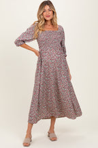 Cream Floral Print Smocked Bodice Maternity Maxi Dress