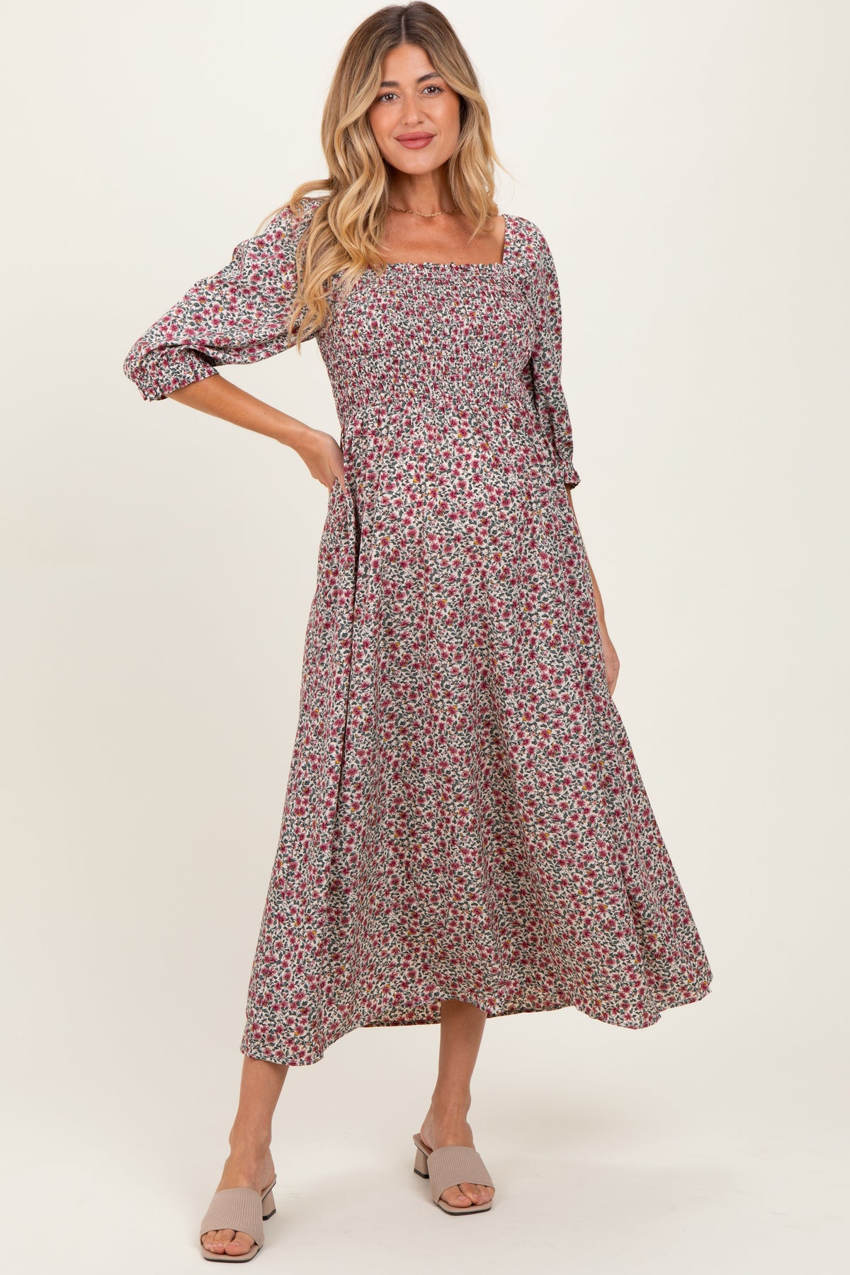 Cream Floral Print Smocked Bodice Maternity Maxi Dress