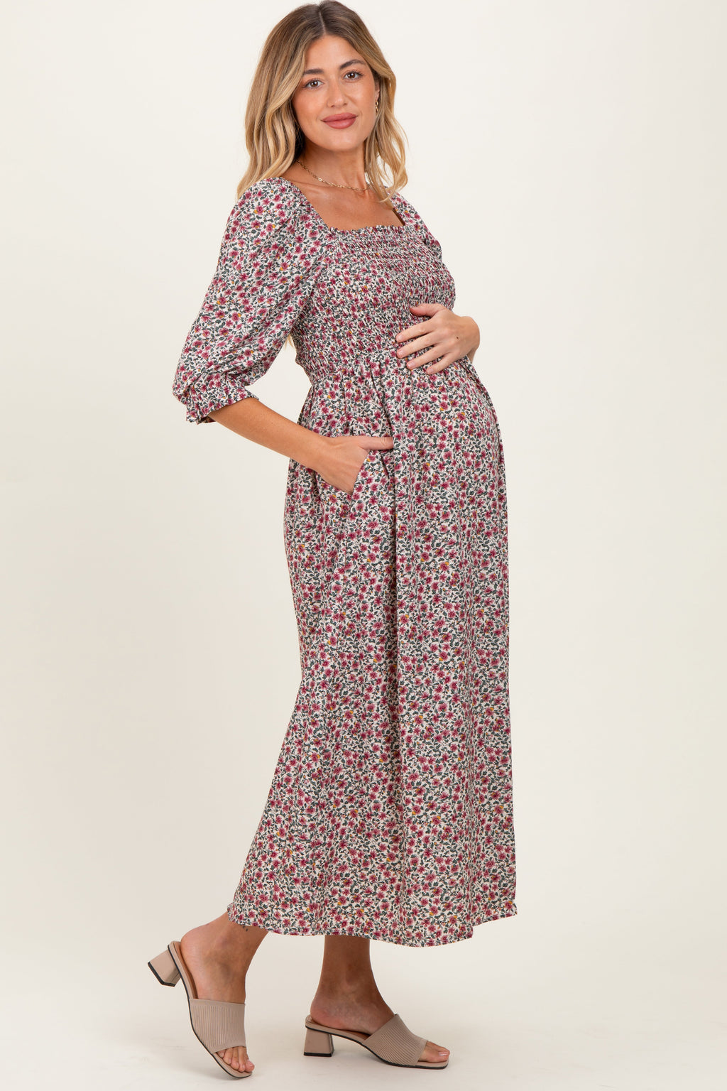 Cream Floral Print Smocked Bodice Maternity Maxi Dress