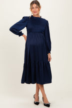 Navy Mock Neck Satin Smocked Chest Maternity Dress