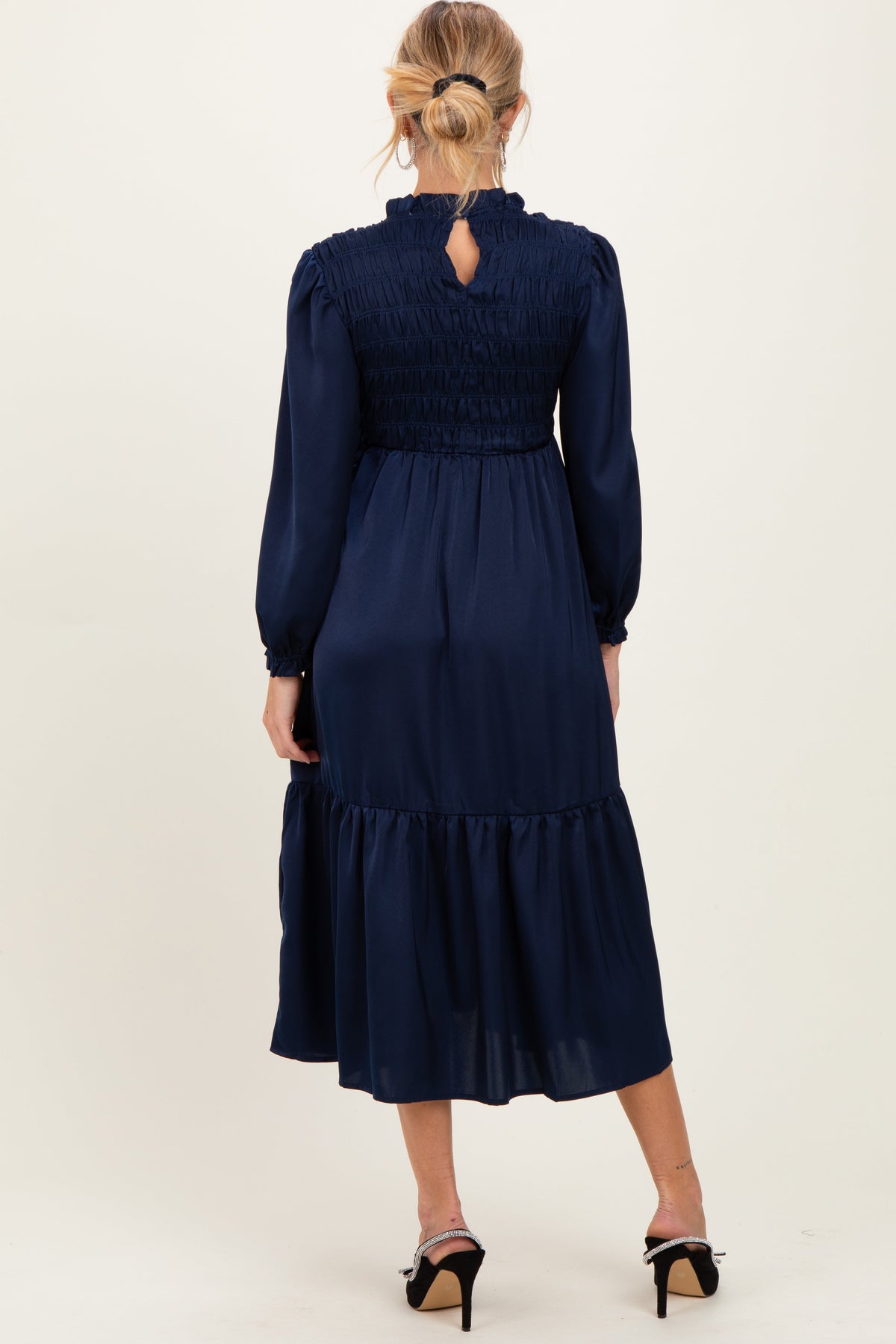 Navy Mock Neck Satin Smocked Chest Maternity Dress