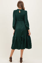 Forest Green Mock Neck Satin Smocked Chest Maternity Dress