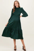 Forest Green Mock Neck Satin Smocked Chest Maternity Dress