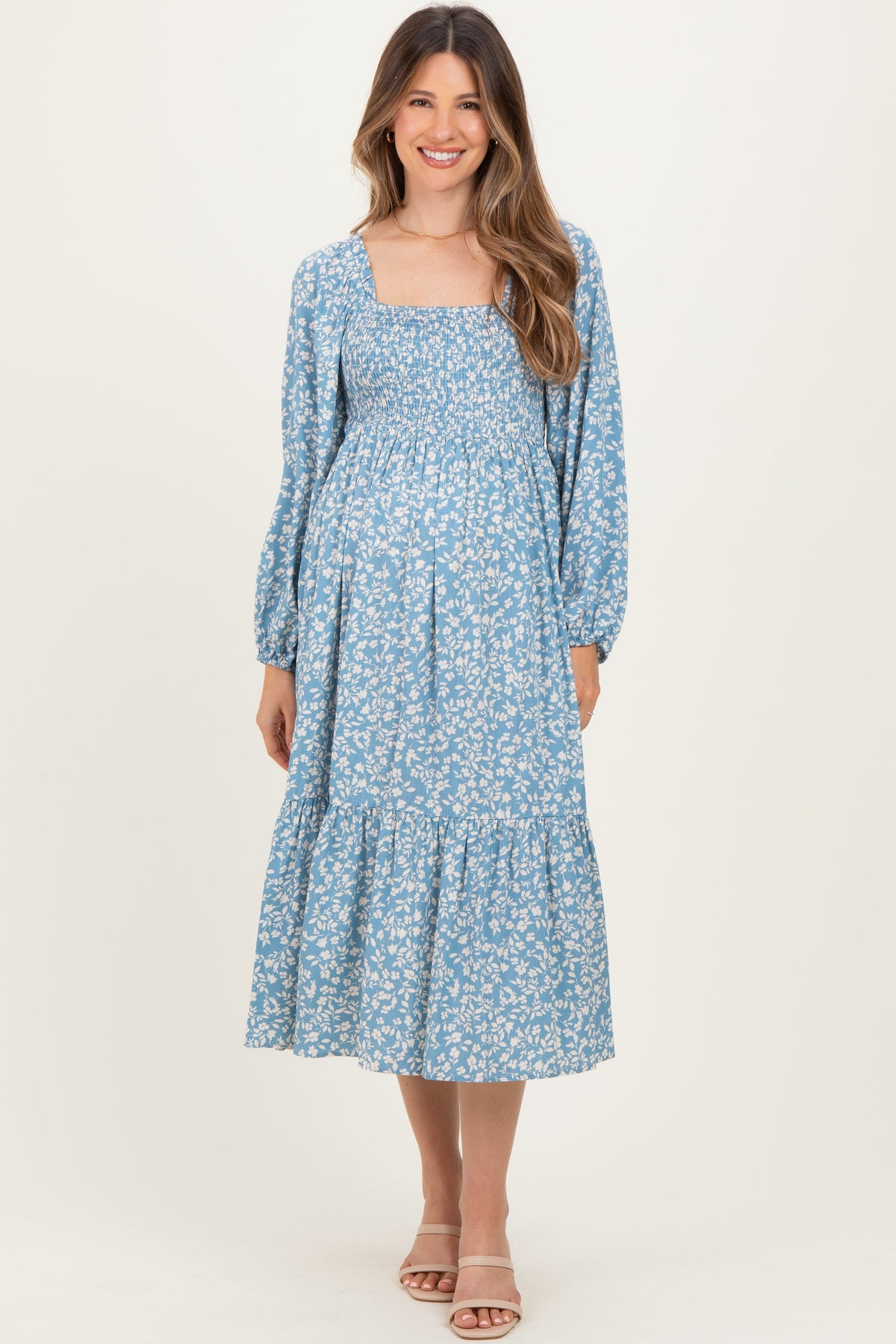 Dusty Blue Floral Square Neck Maternity Maxi Dress