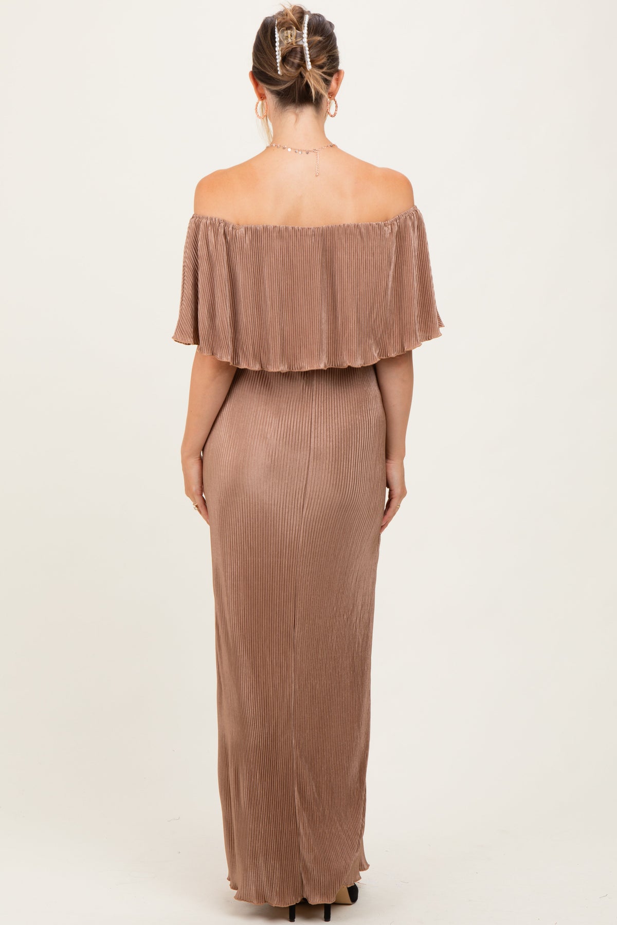 Mocha Pleated Ruffle Off Shoulder Maternity Maxi Dress