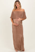 Mocha Pleated Ruffle Off Shoulder Maternity Maxi Dress