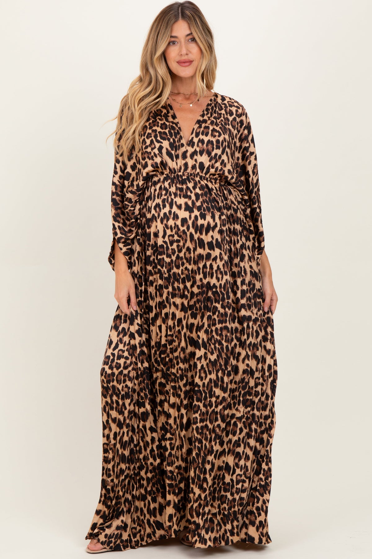 Leopard Pleated V Neck Satin Maternity Maxi Dress