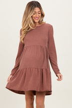 Rust Textured Rib Tiered Long Sleeve Maternity Dress