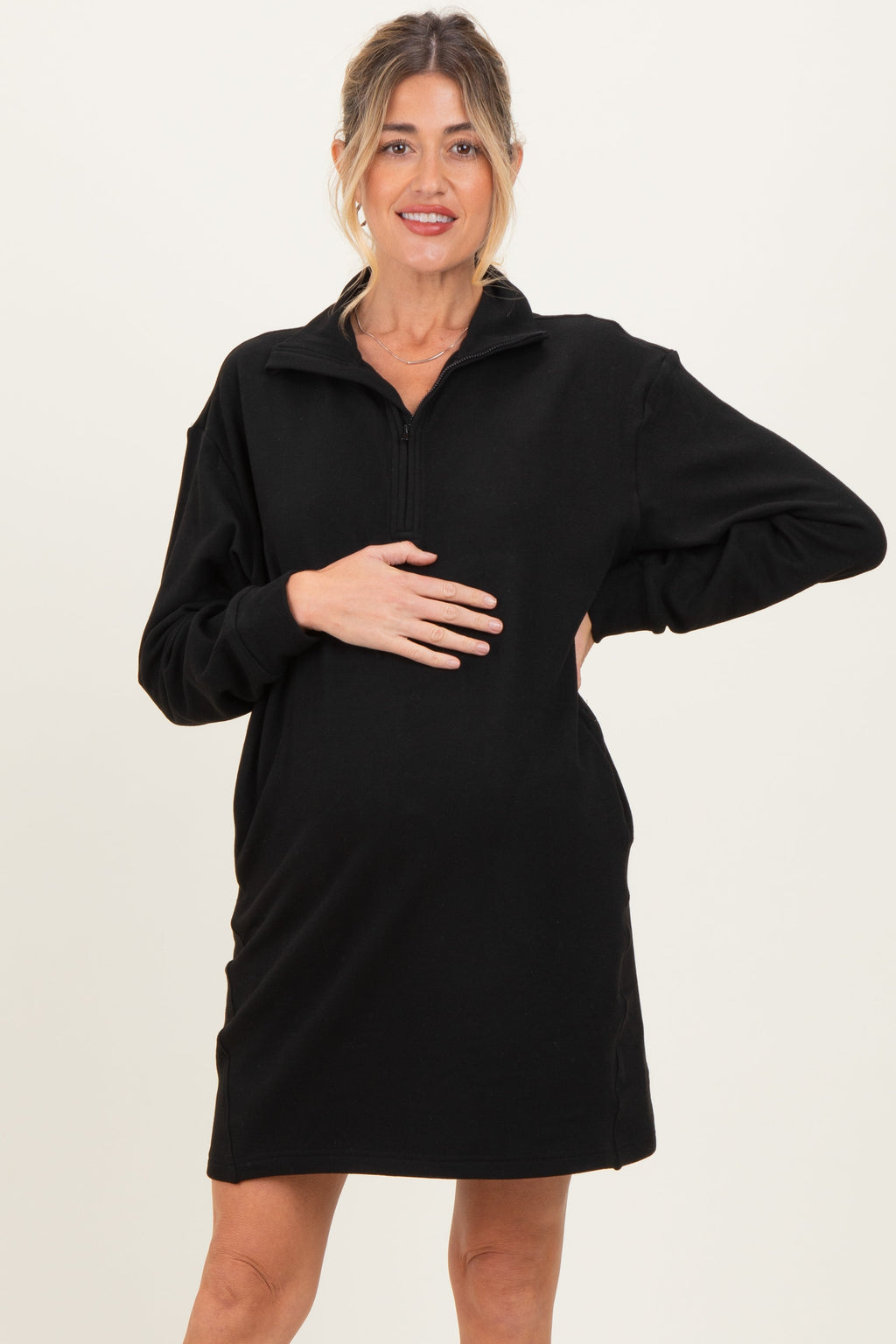 Black Brushed Quarter Zip Jersey Lounge Maternity Sweatshirt Dress