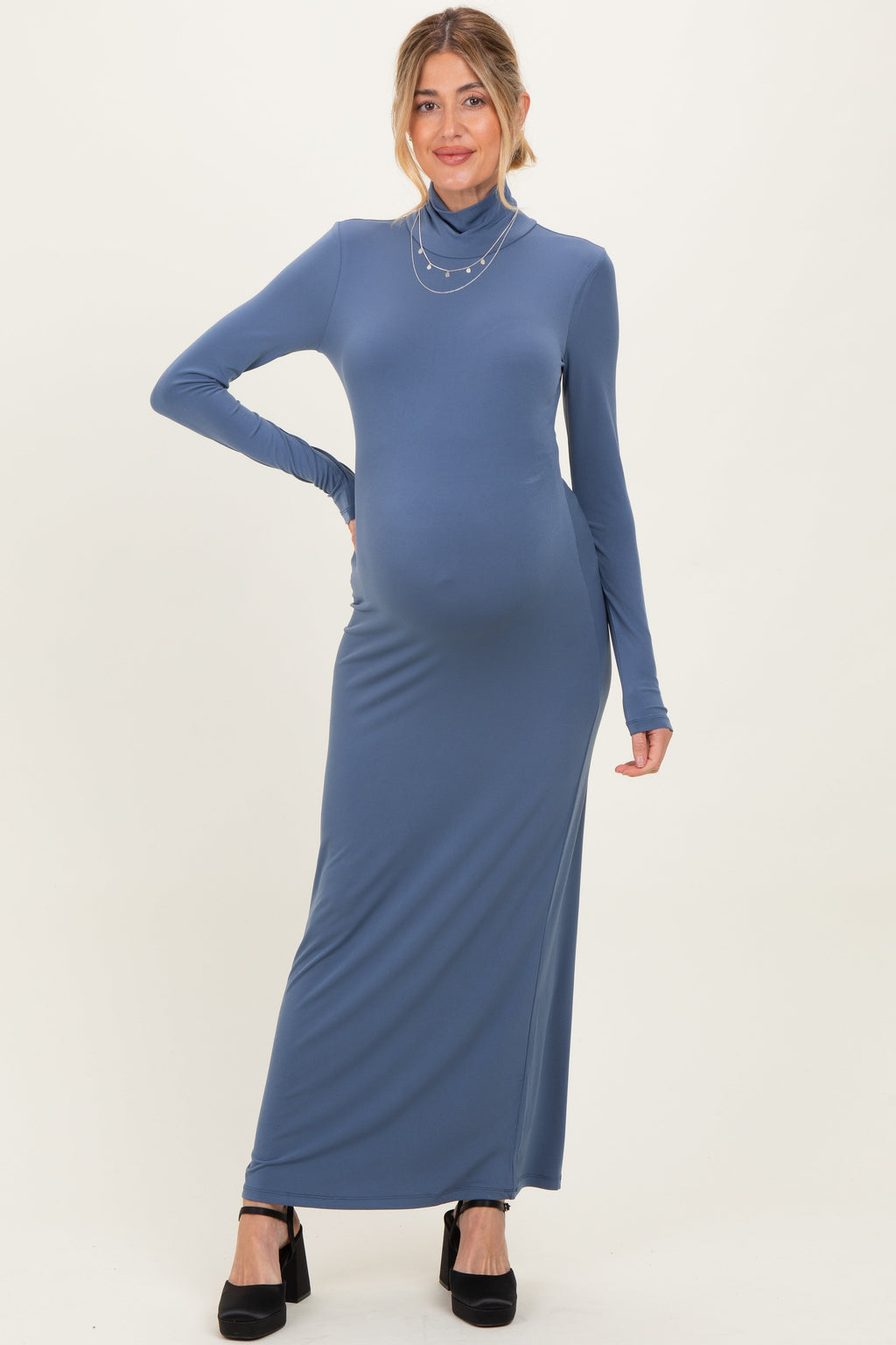 Blue Turtleneck Long Sleeve Maternity Maxi Dress