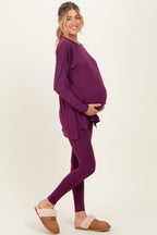 Plum Brushed Knit Maternity Oversized Top and Legging Set