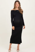 Black Boat Neck Ruched Long Sleeve Maternity Midi Dress