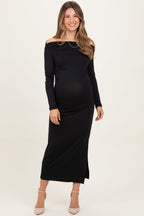 Black Boat Neck Ruched Long Sleeve Maternity Midi Dress