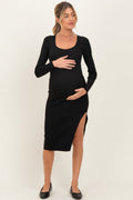 Black Knit Square Neck Slit Maternity Midi Dress