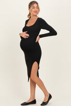 Black Knit Square Neck Slit Maternity Midi Dress