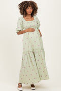 Mint Floral Smocked Puff Sleeve Maternity Maxi Dress