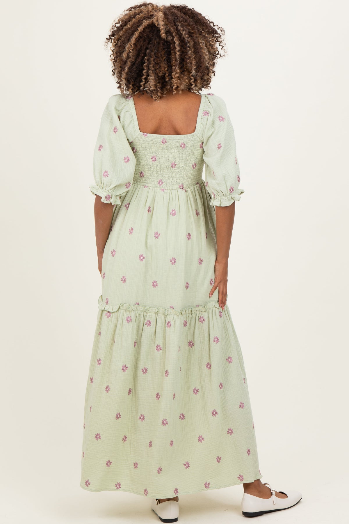 Mint Floral Smocked Puff Sleeve Maternity Maxi Dress