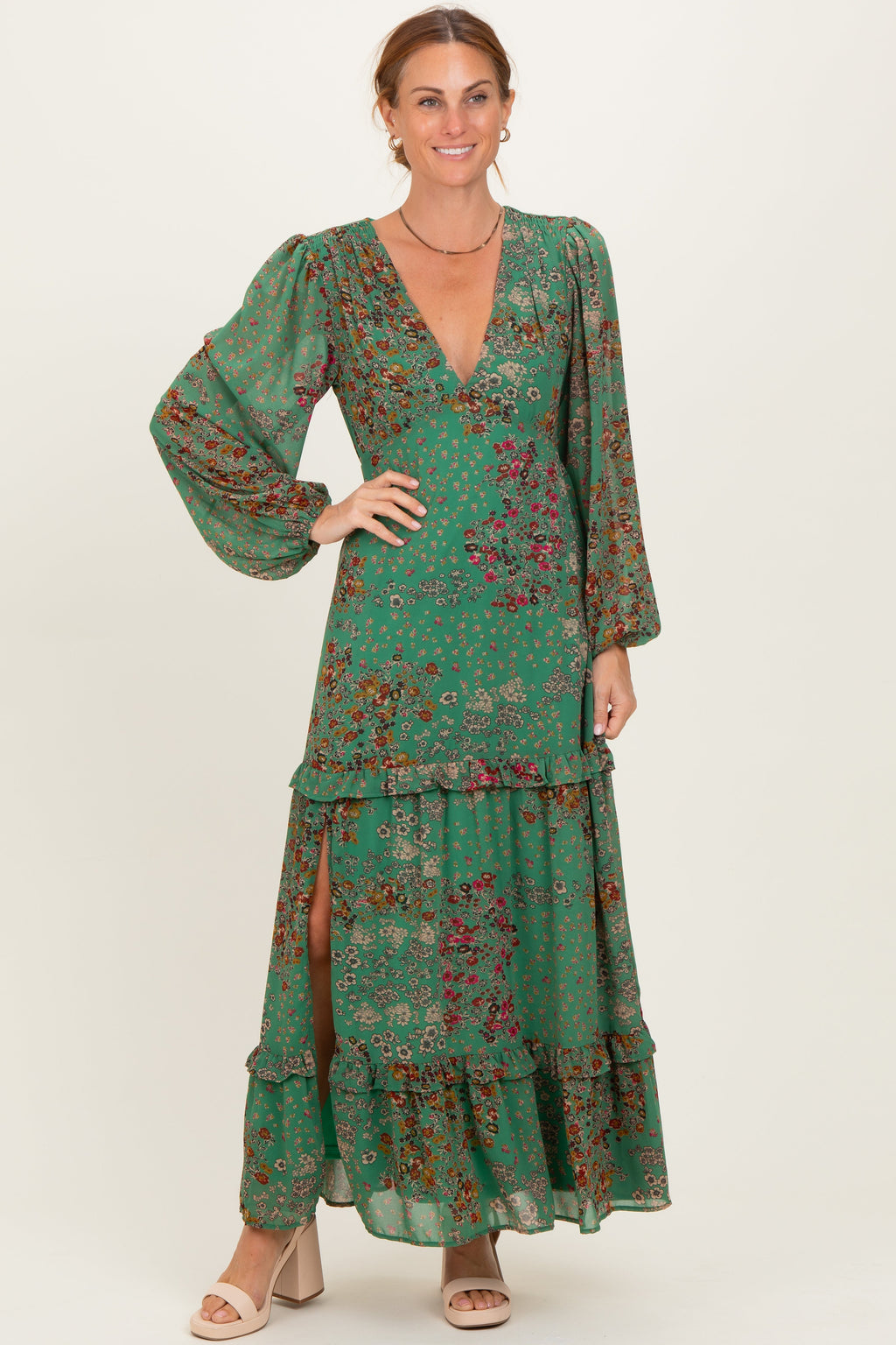 Green Floral Chiffon V-Neck Long Sleeve Maternity Maxi Dress