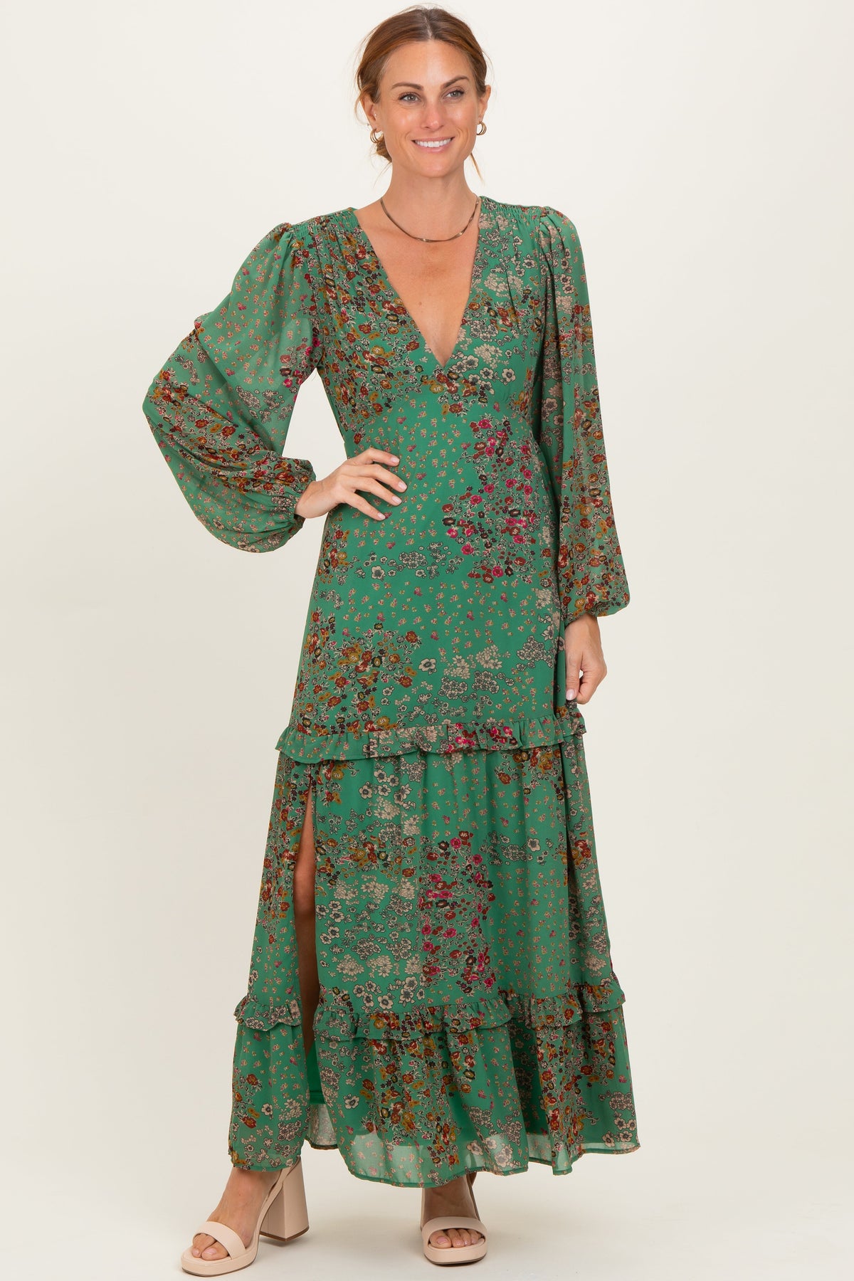Green Floral Chiffon V-Neck Long Sleeve Maternity Maxi Dress